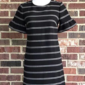 Loft Black & White Striped Bell Sleeve Shift Dress